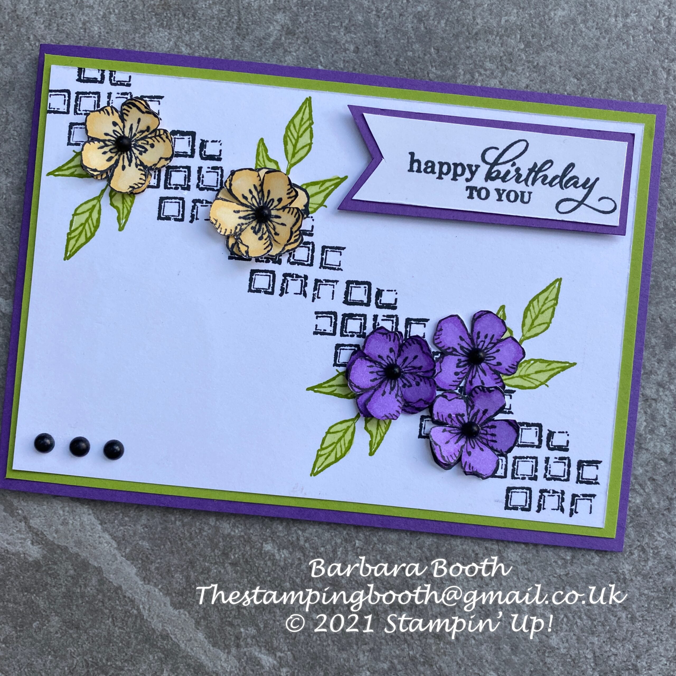 Birthday Card with Tasteful Touches stamp set. A combination of Granny Apple green and Gorgeous Grape with a splash of So Saffron really sets off this pretty birthday card, and only I didn't use the 'focus' stamps in the sets either.